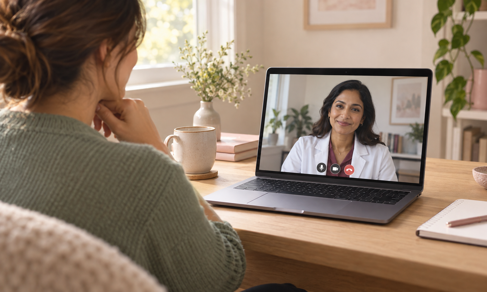 A woman on a video call with a clinician on her laptop at home. Illustrative of planned telehealth.