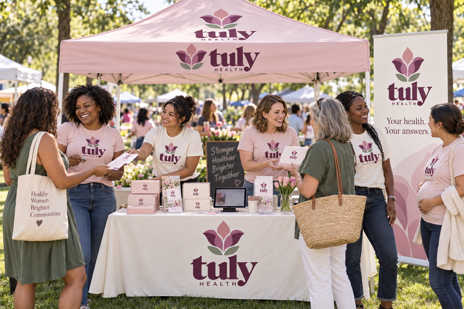 Tuly Health brand photography of a community wellness booth. Illustrative — no event is currently scheduled.