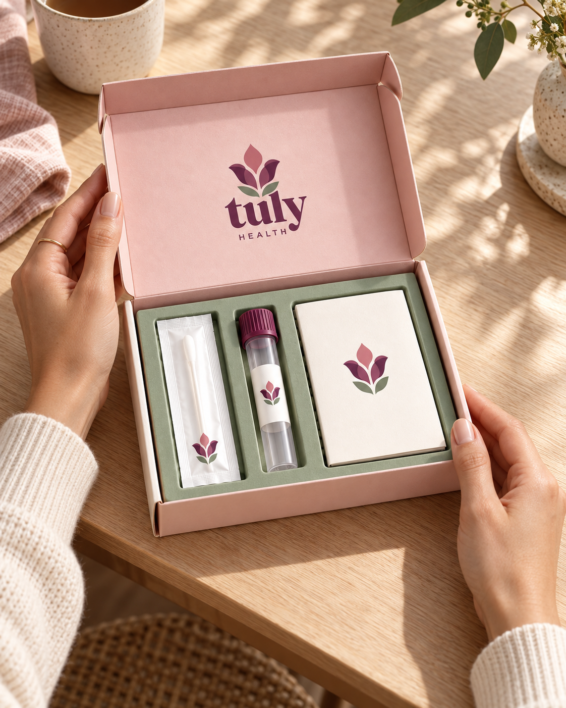 Tuly at-home collection kit laid out flat with swab and vial, official brand photography.